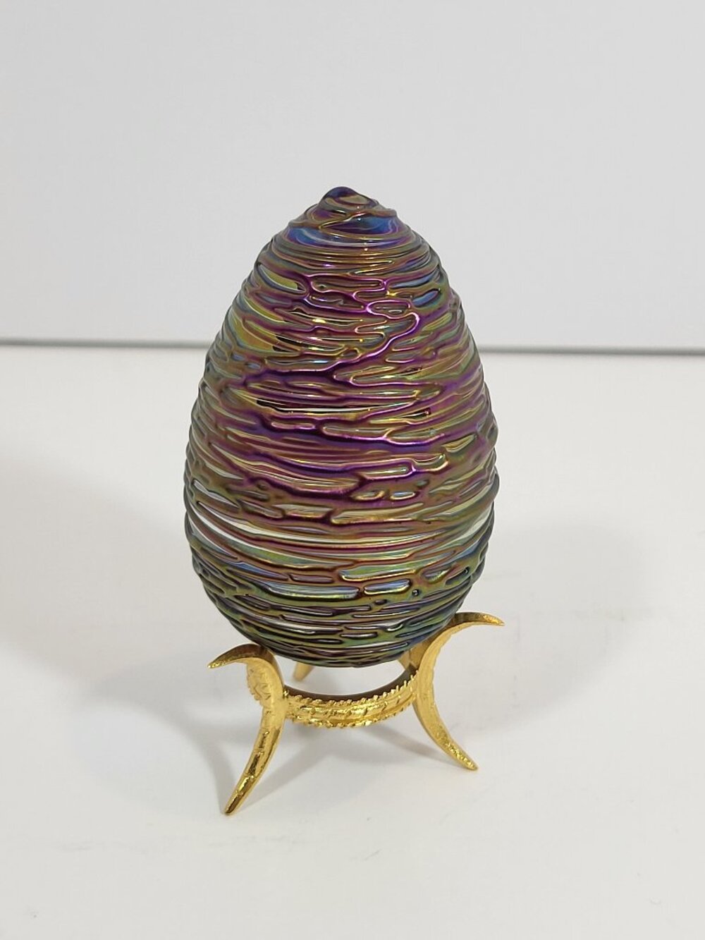 Vintage 1968 Signed Art‎ Glass Egg Paperweight with Gold Tone Stand